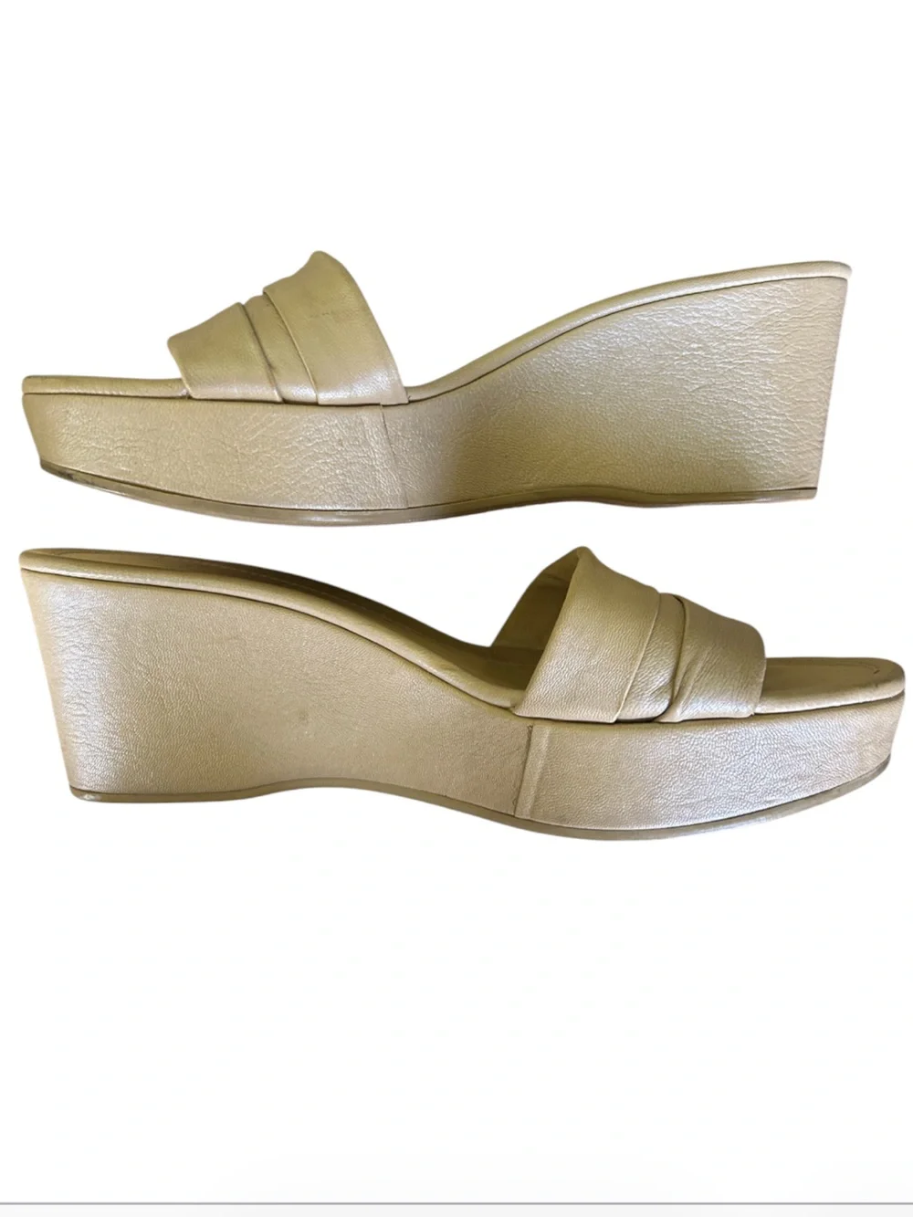 Salvatore  Ferragamo Champagne Metallic Leather Gancini Wedge Slide 7.5
